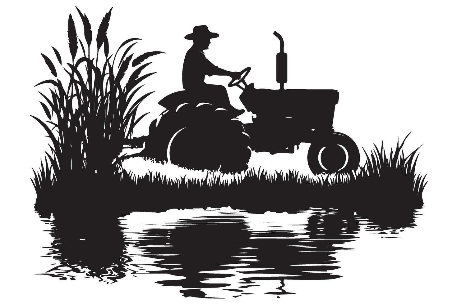 Silhouette of Farmer on Tractor with Water Reflection Illustration vector
