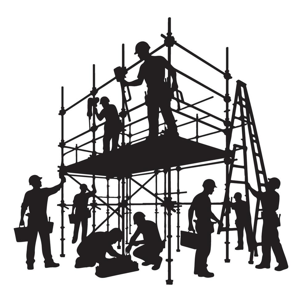 Construction Workers Silhouette on Scaffolding Illustration for Construction Sites vector