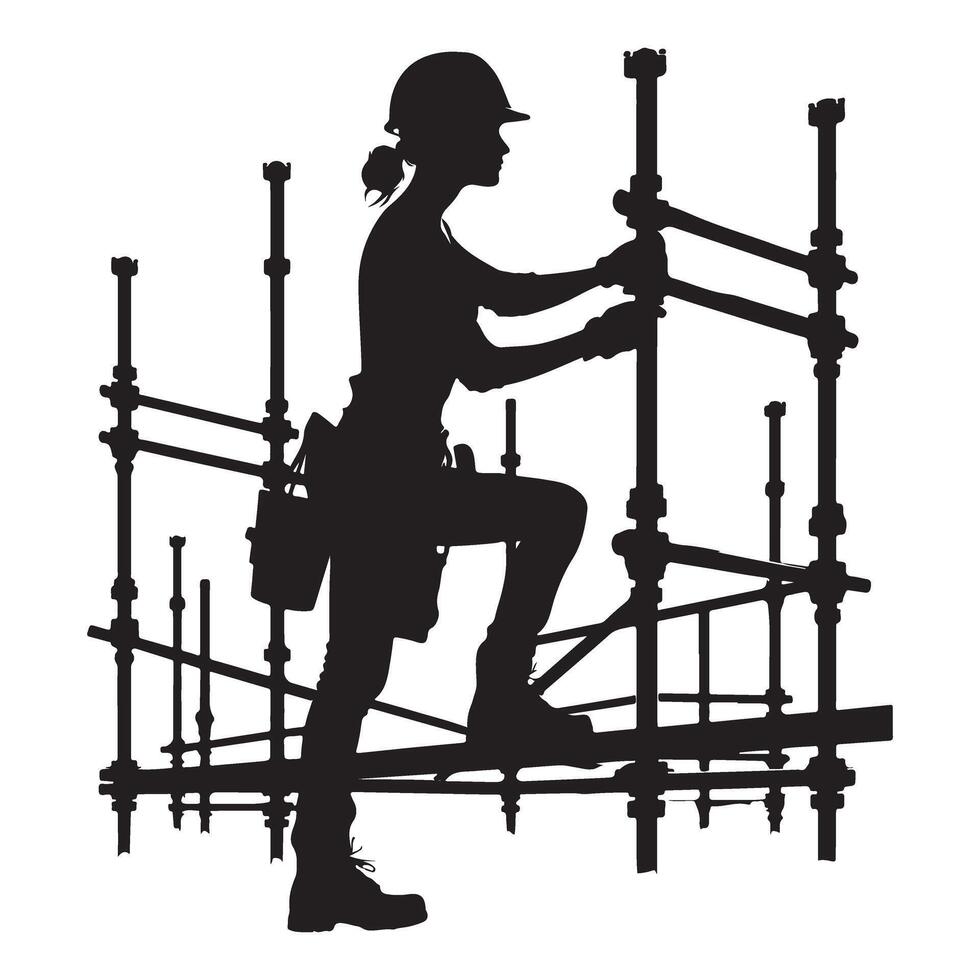 Construction Woman Silhouette Art Working On Scaffolding vector