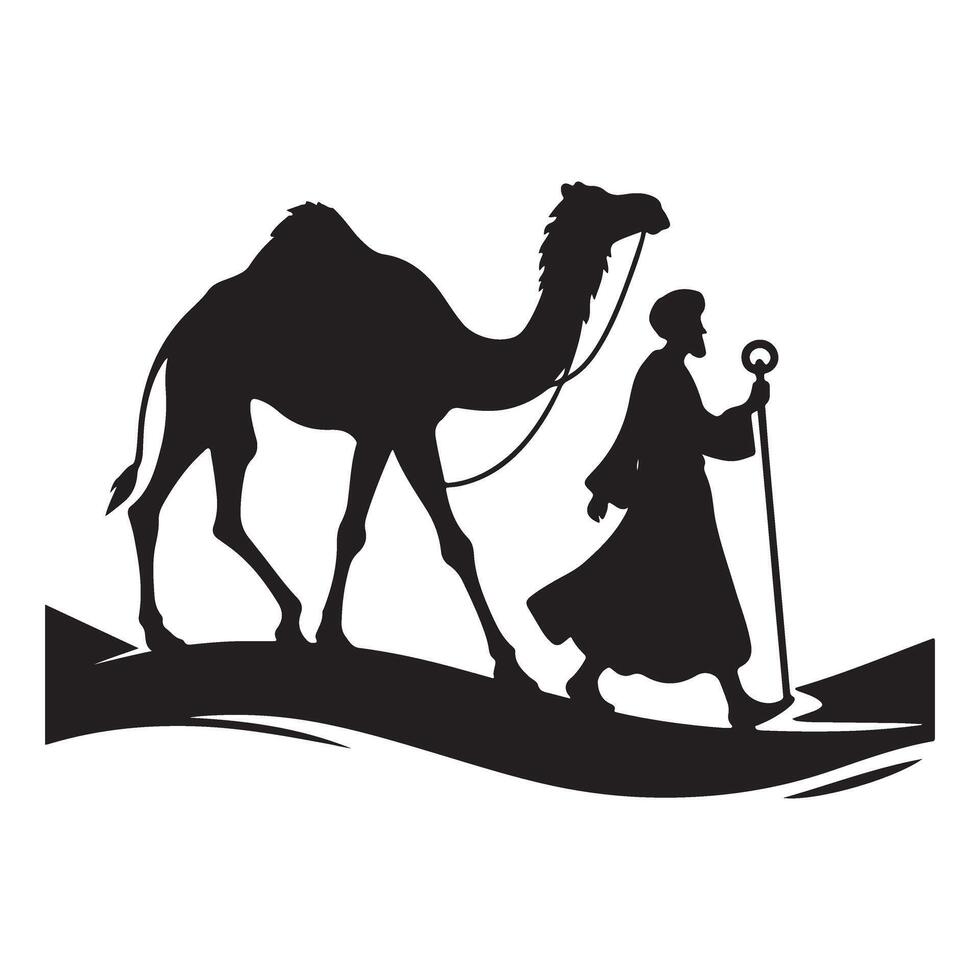 Silhouette of a Traveler Walking with Camel Illustration vector
