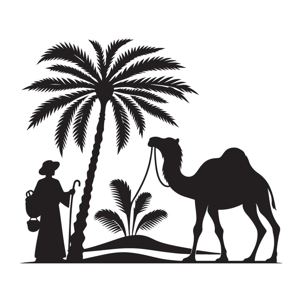 Silhouette of Camel Caravan Desert Travel Exploring Middle Eastern Culture vector