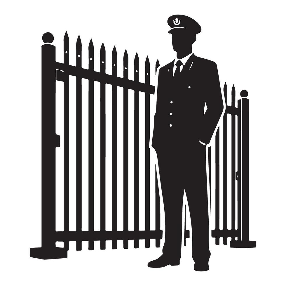 Silhouette security guard standing at gate illustration design vector