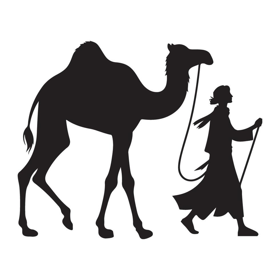 Silhouette of a Camel and Traveler Man Illustration Design vector