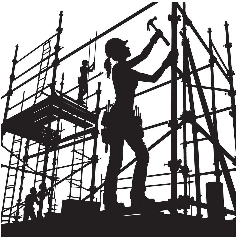 Female Construction Worker Silhouette on Scaffolding Graphic vector