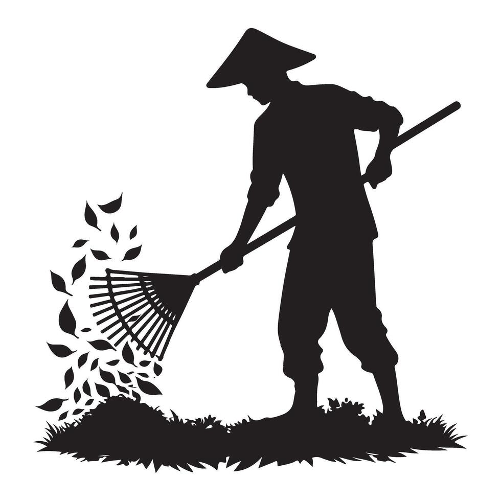 Silhouette of Asian Farmer Raking Leaves a Timeless Agricultural Image vector