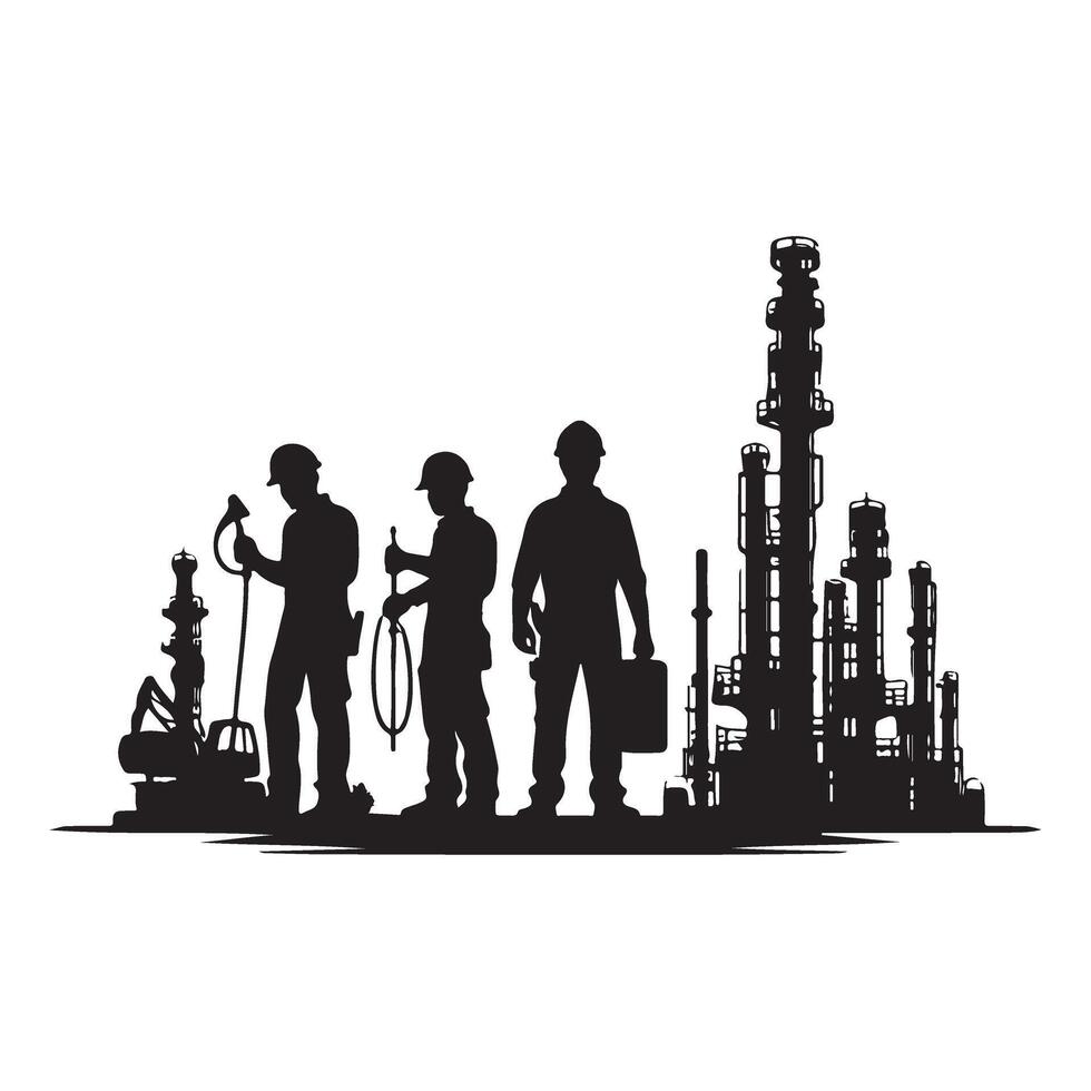 Oil Refinery Workers Silhouette Illustration with Industrial Background vector
