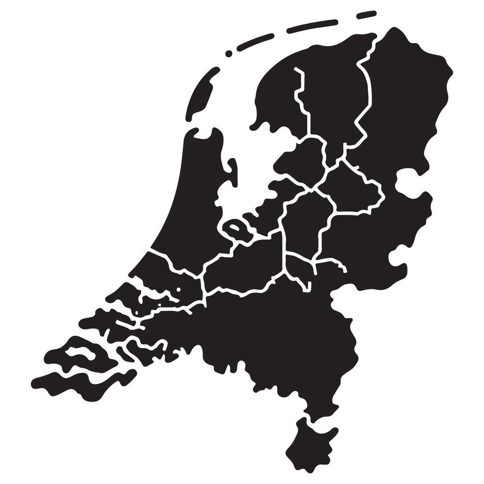 Detailed Black and White Silhouette Map of Netherlands with Province Borders vector