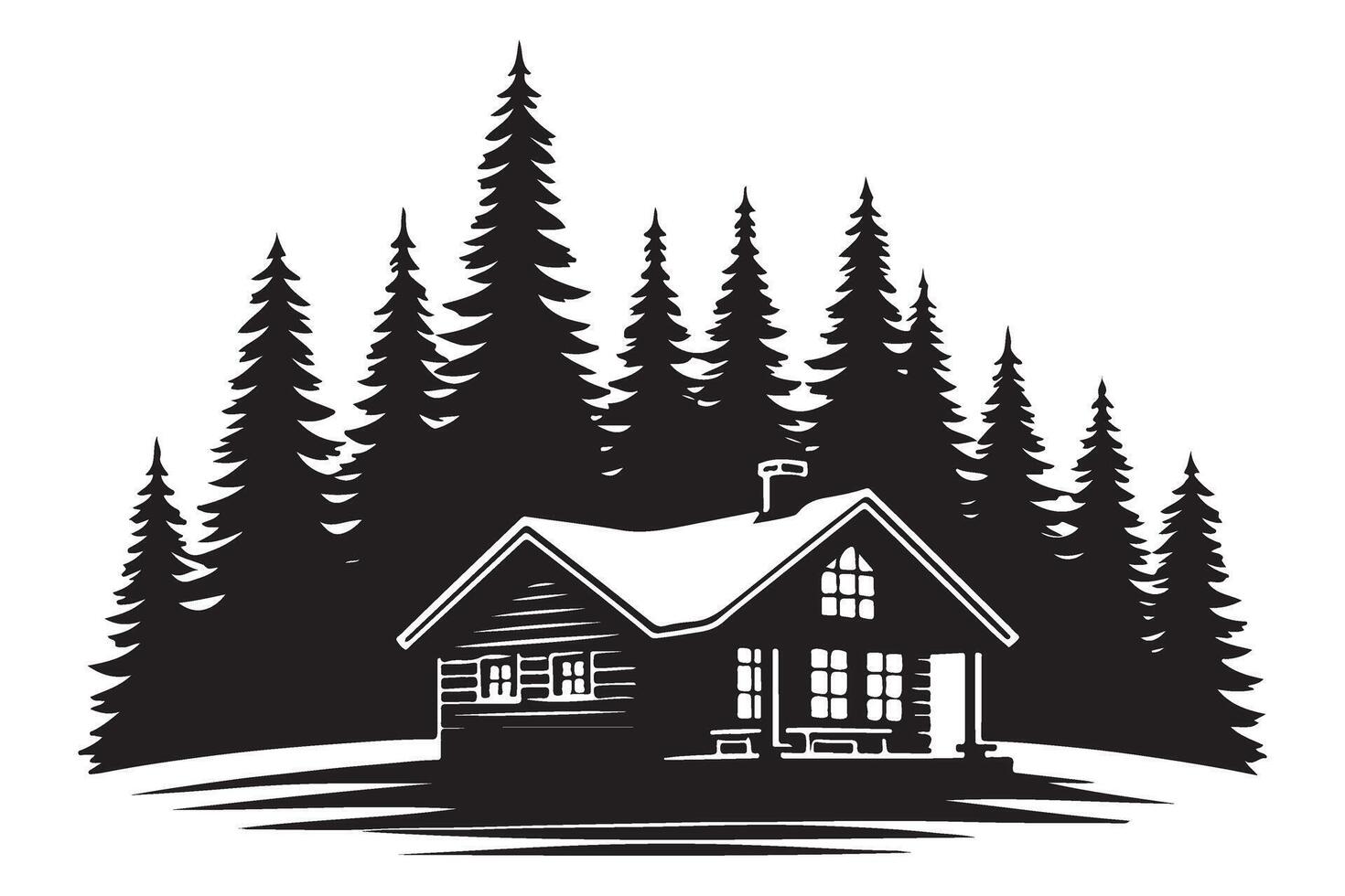 Cozy Log Cabin Silhouette Surrounded by Evergreen Trees vector