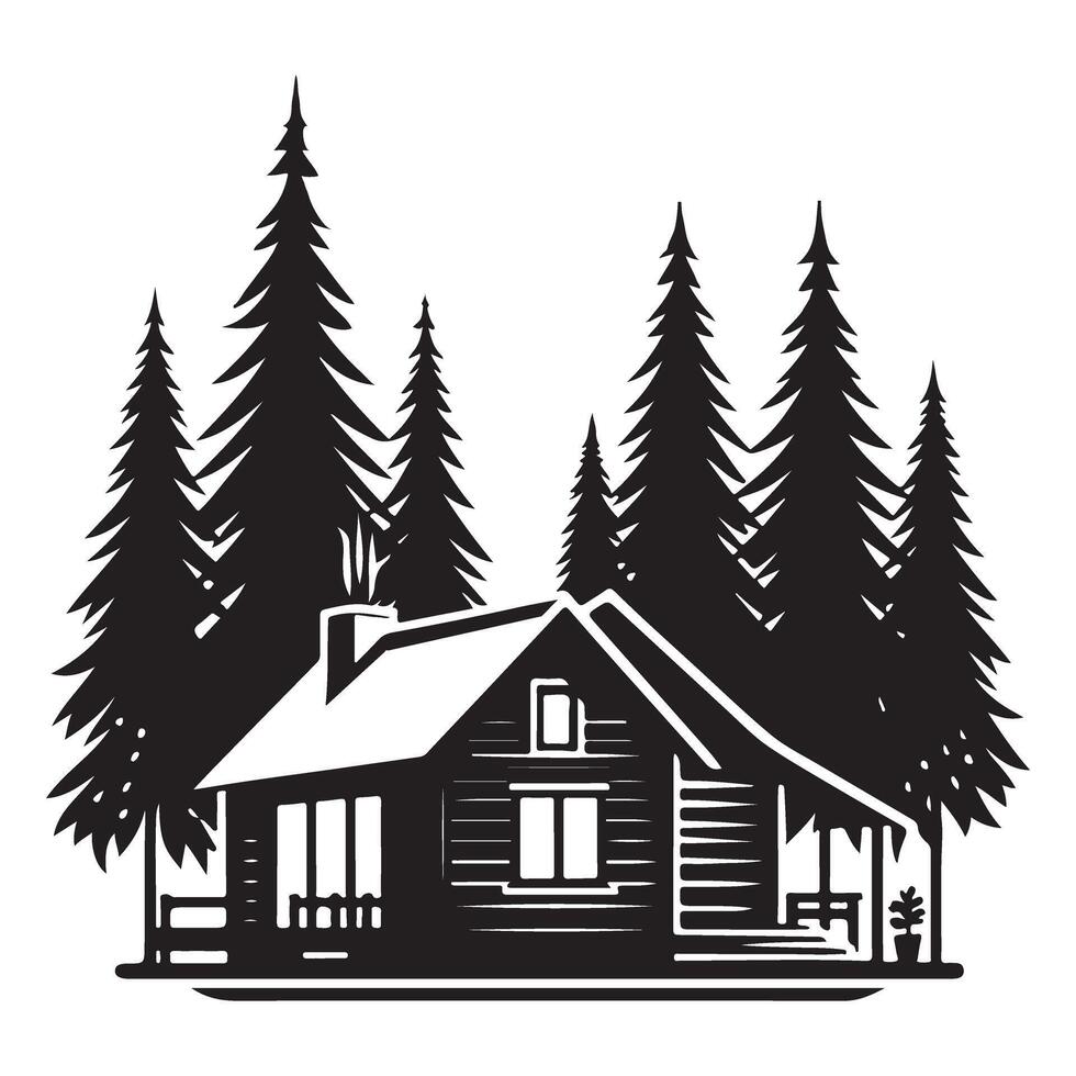 Rustic Wooden Cabin Silhouette Illustration with Cozy Porch vector