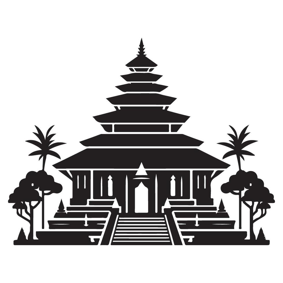 Magnificent Architectural Silhouette Temple Illustration and Trees vector