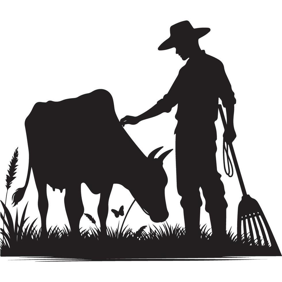 Silhouette of Farmer with Cow Agricultural Rural Life Illustration vector