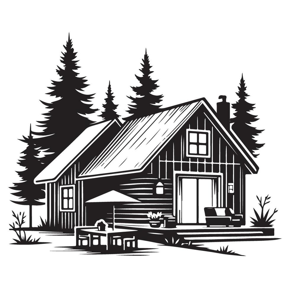 Detailed Cabin with Deck Silhouette Amidst Pine Tree Setting vector