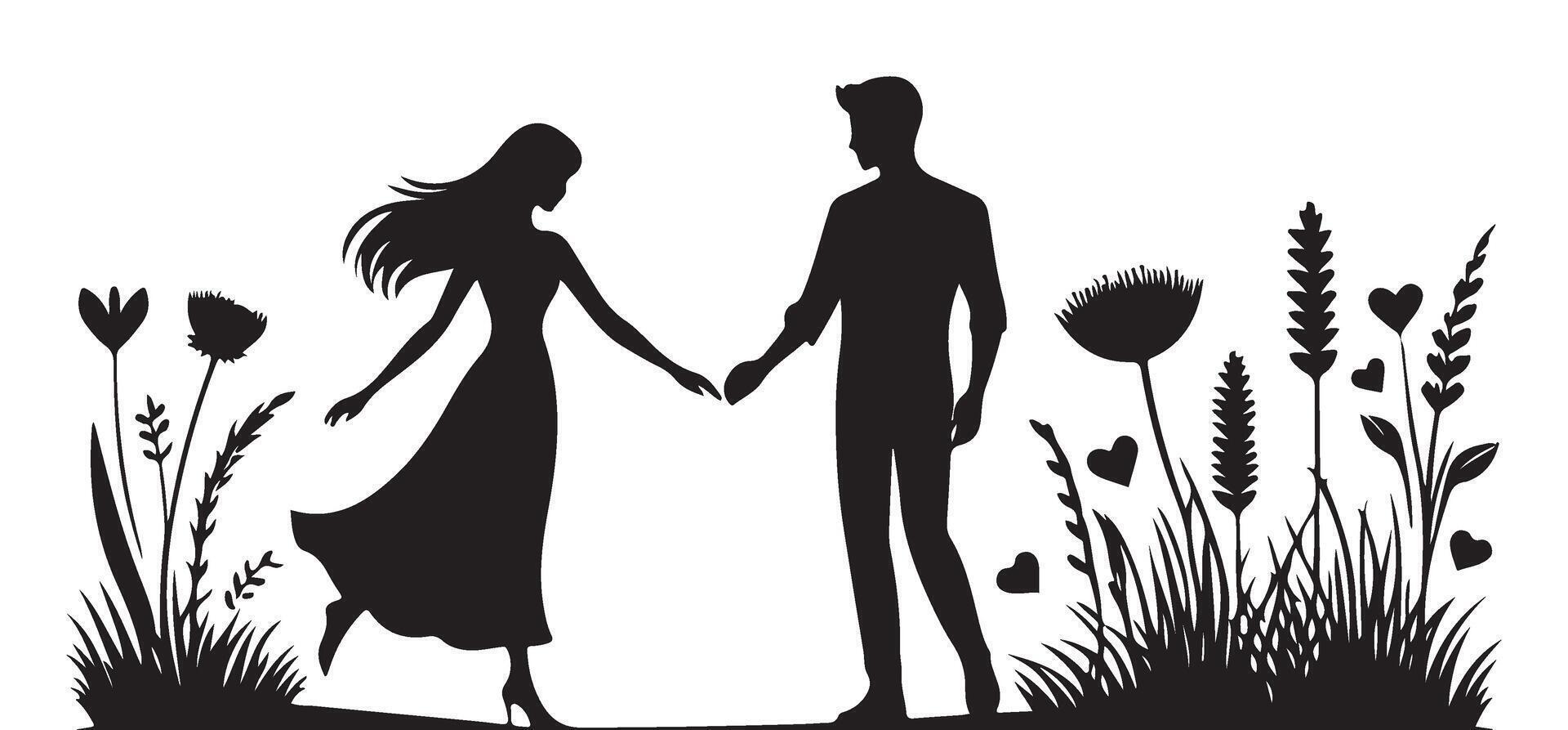 Romantic Couple Silhouette Art Holding Hands in a Meadow Scene vector