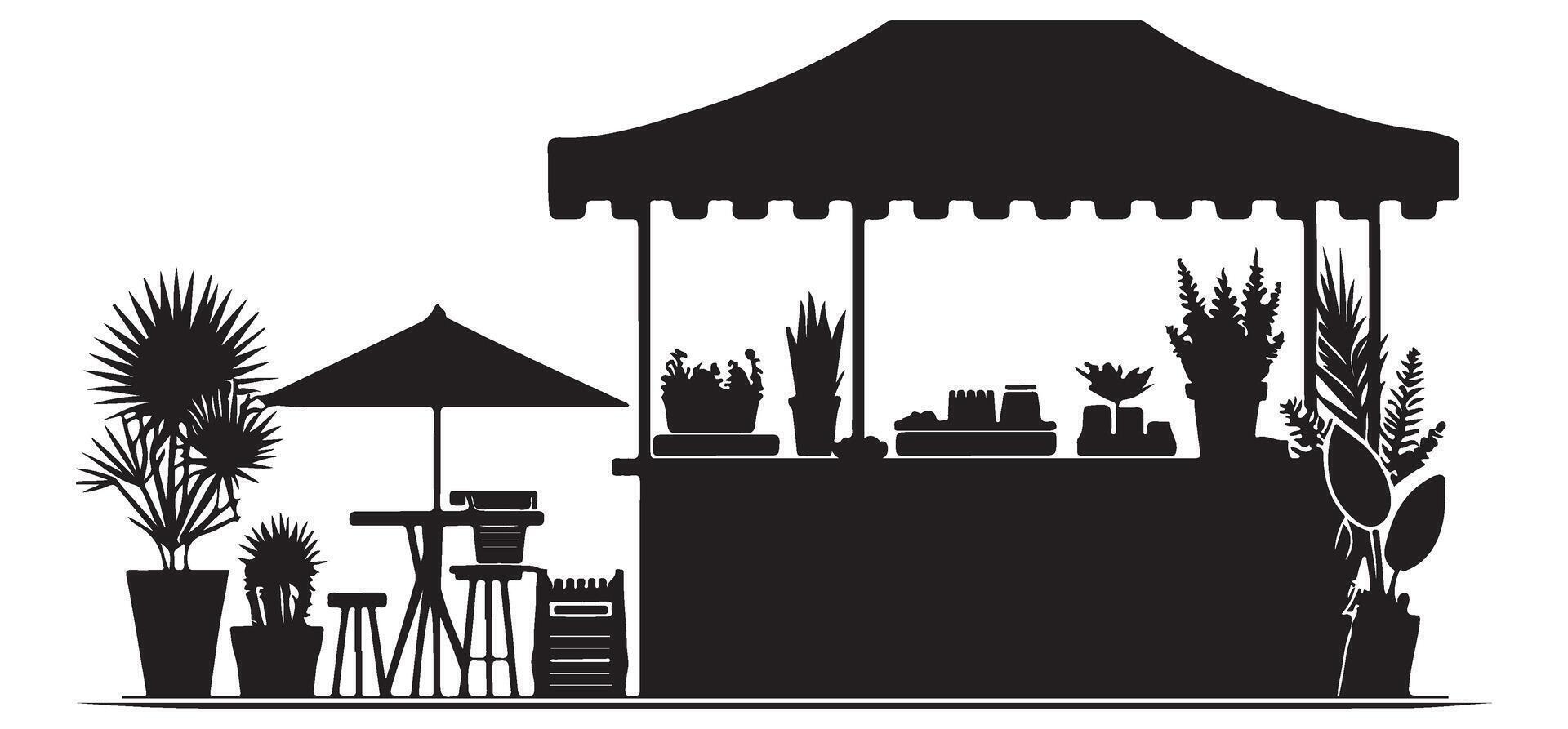 Silhouette Market Stand Illustration with Goods and Plants vector