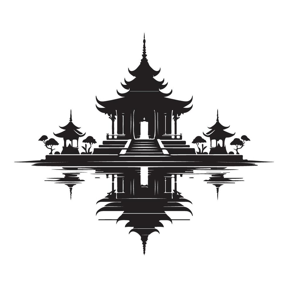 Symmetric Temple Reflection Silhouette Art Detailed Illustration vector