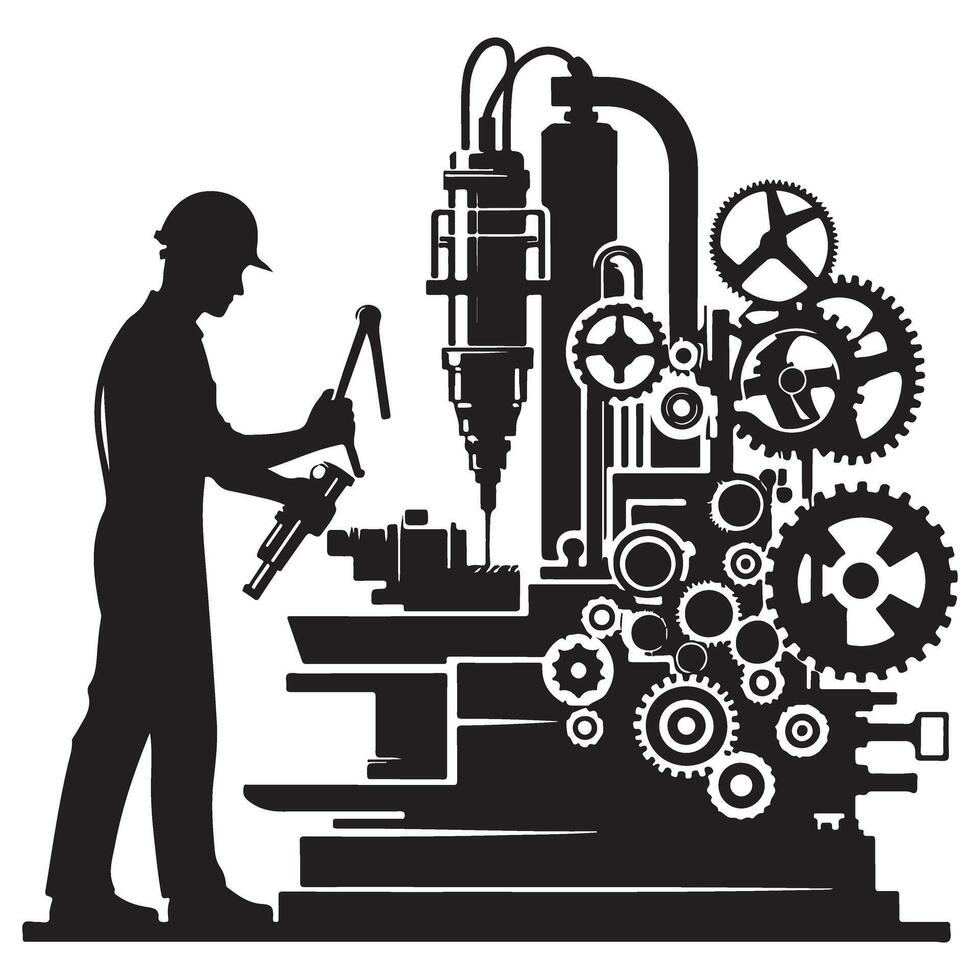 Silhouette of Industrial Worker Operating Manufacturing Machine Illustration vector
