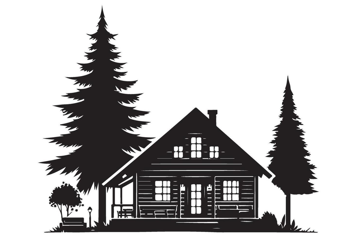 Quaint Log Cabin Silhouette Amongst Pine Trees Illustration vector