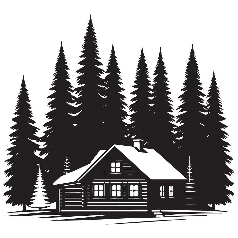 Secluded Black and White Log Cabin Surrounded by Pine Trees vector