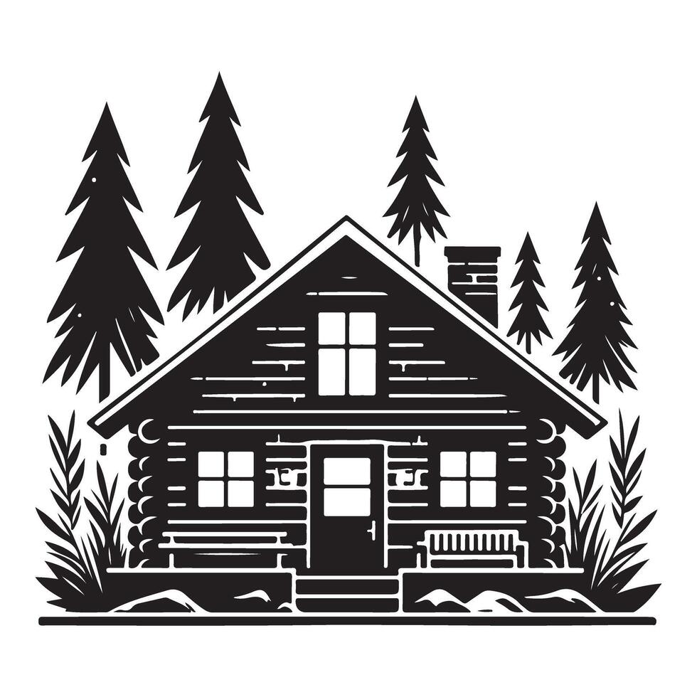 Charming Log Cabin Silhouette Illustration with Stone Chimney vector