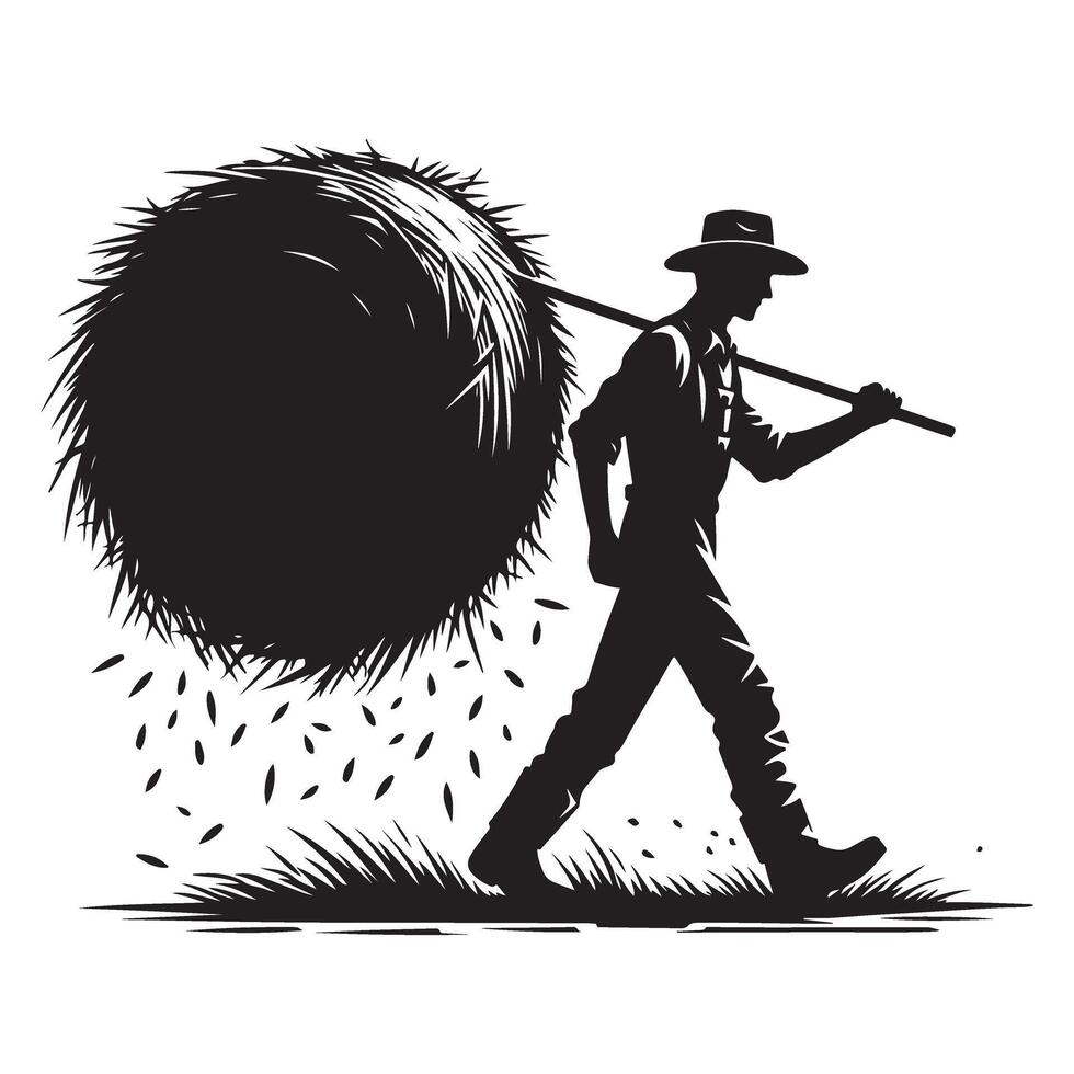 Silhouette Farmer Carrying Hay Bale Laborious Work Agriculture Design vector