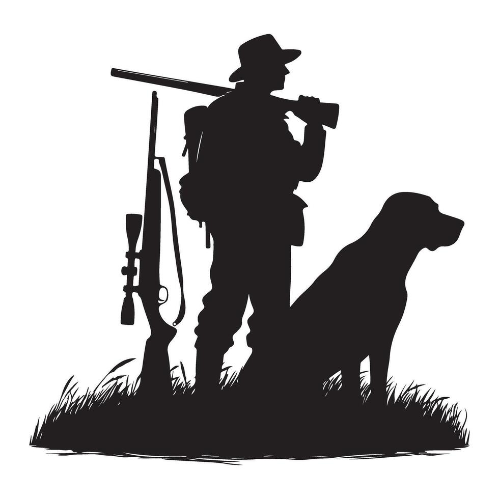 Hunting Silhouette Featuring Hunter Dog Rifle and Backpack Outdoors vector