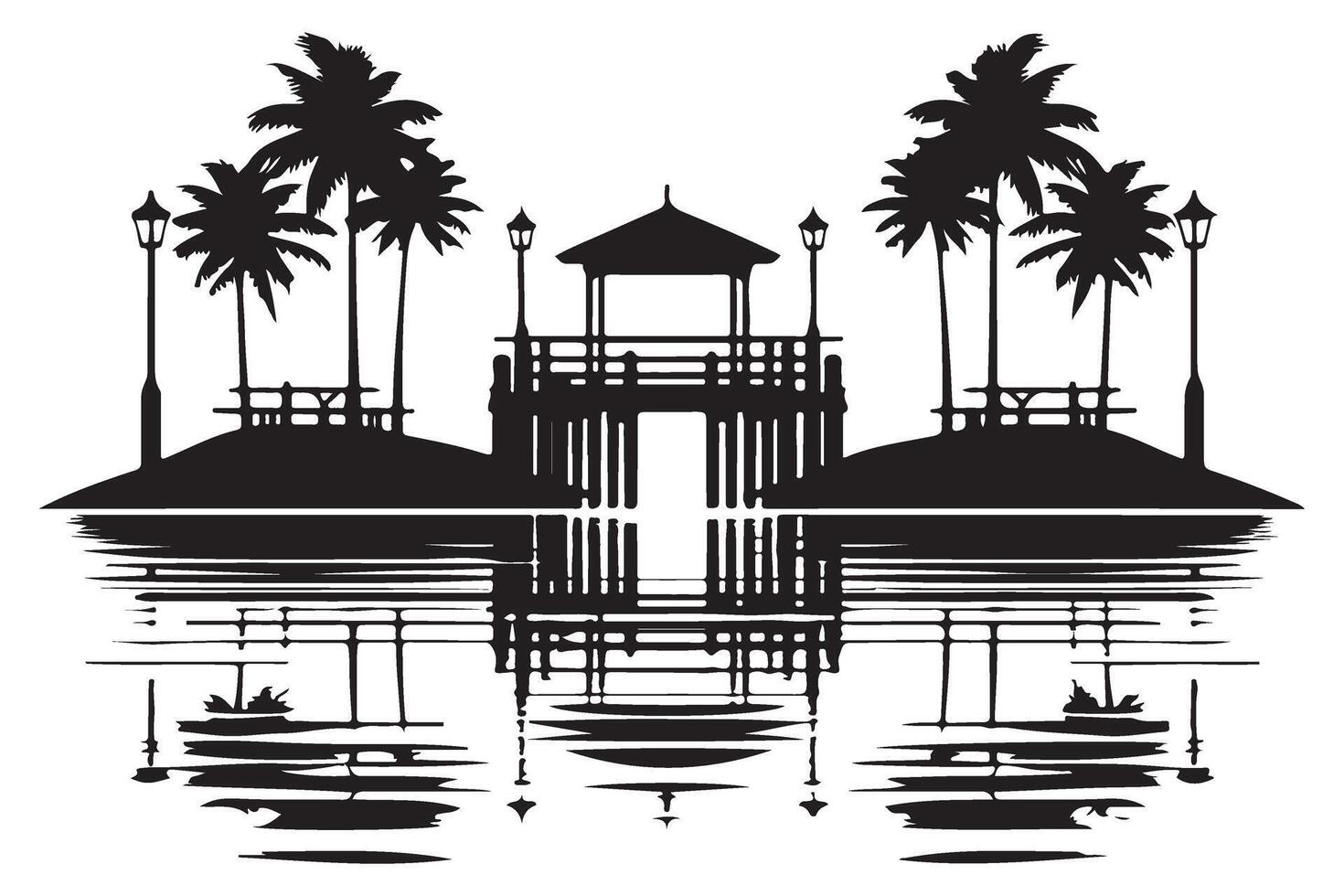 Tropical Island Pier Silhouette Reflection Scenic Destination for Travel vector