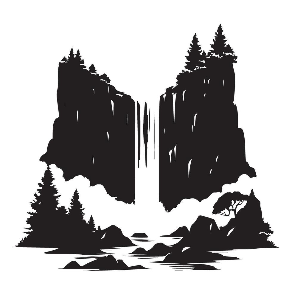 Dramatic Waterfall Landscape Silhouette Illustration with Forest Trees vector