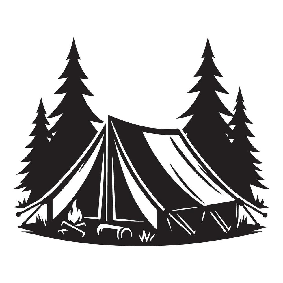 Scenic Campsite Silhouette with Tent Pine Trees and Campfire vector