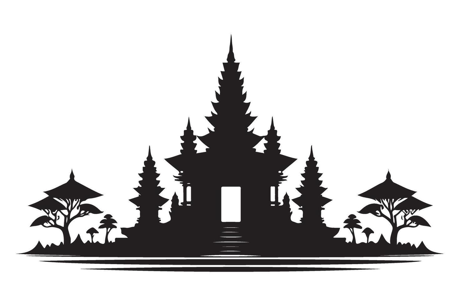 Detailed Balinese Temple Illustration with Trees and Landscape vector