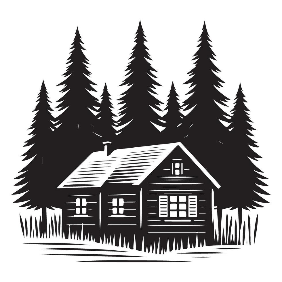 Rustic Log Cabin Silhouette Surrounded By Dense Pine Forest vector