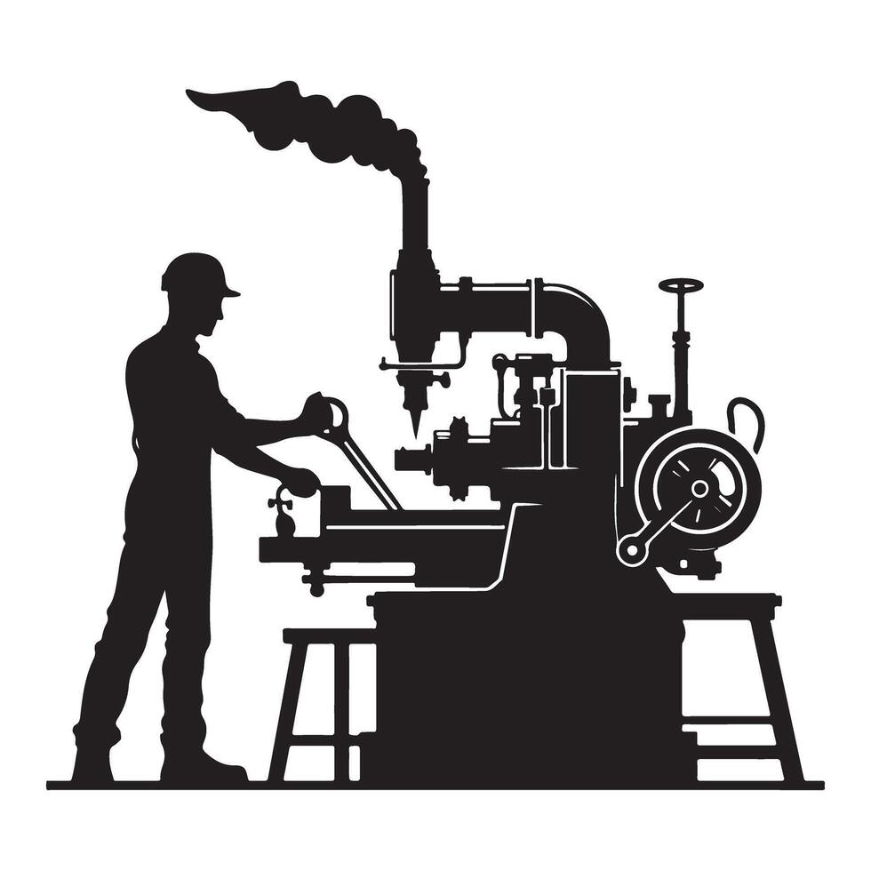 Silhouette of Male Mechanic Operating Vintage Industrial Machine Illustration vector