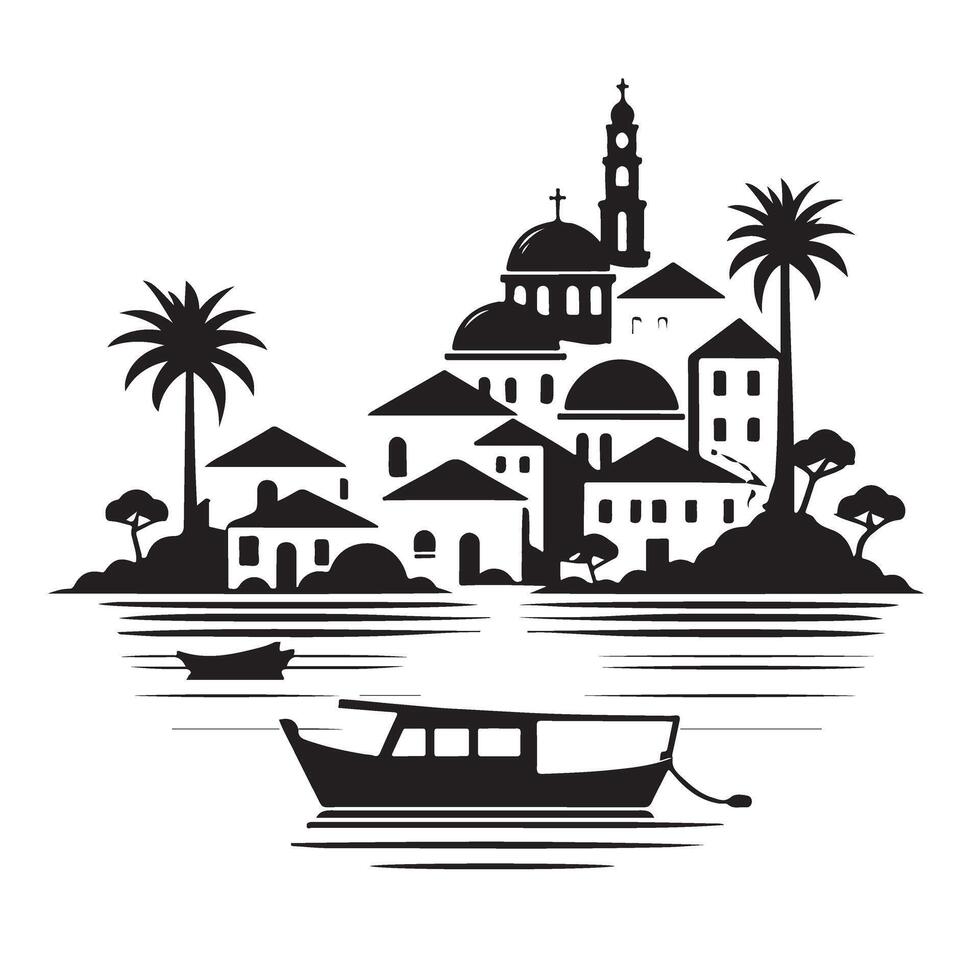 Mediterranean Coastal Village Silhouette Illustration with Boats and Architecture vector