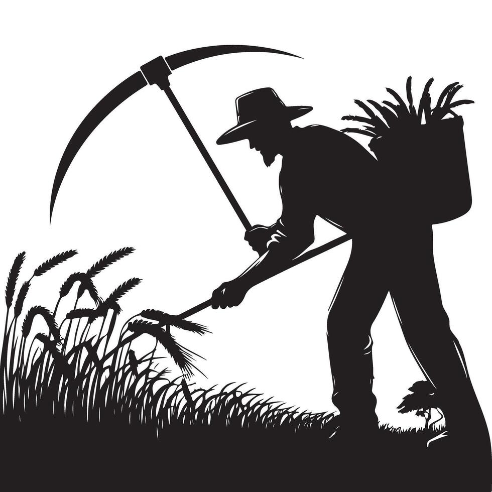 Silhouette Farmer Harvesting Wheat with Scythe Agriculture Illustration vector