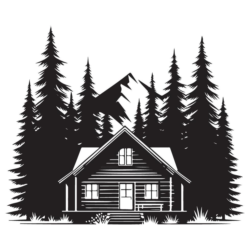 Scenic Log Cabin Illustration With Mountain Backdrop and Pine Trees vector