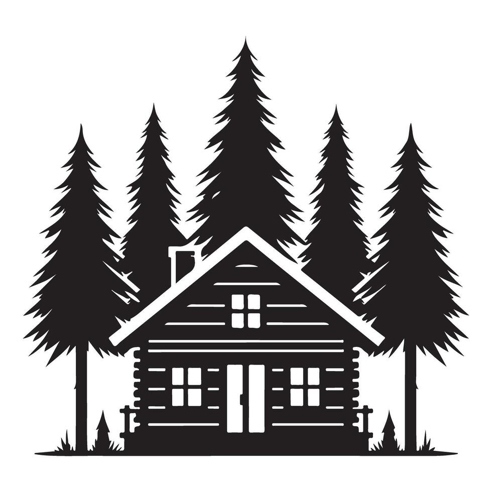 Charming Log Cabin Silhouette Enclosed By Tall Evergreen Trees vector