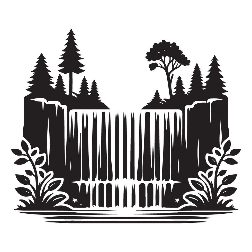 Silhouette Tranquil Waterfall Landscape Illustration Nature and Scenery vector
