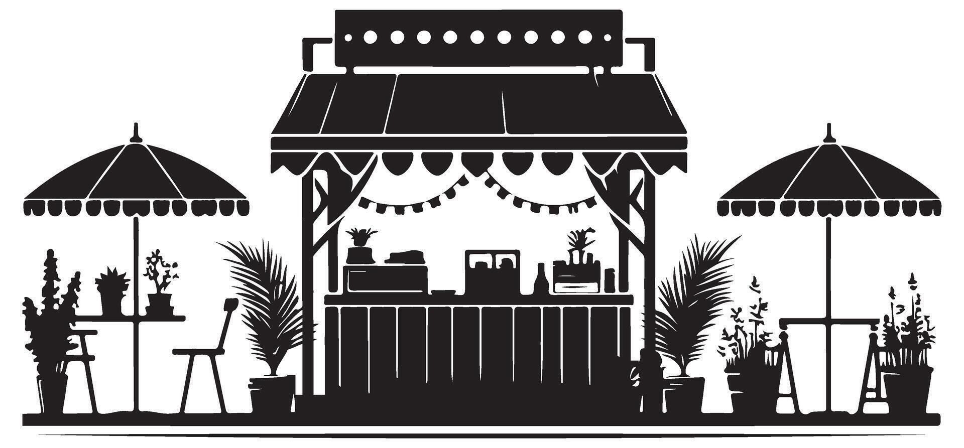Decorated Outdoor Market Stall Silhouette with Plants and Parasols vector