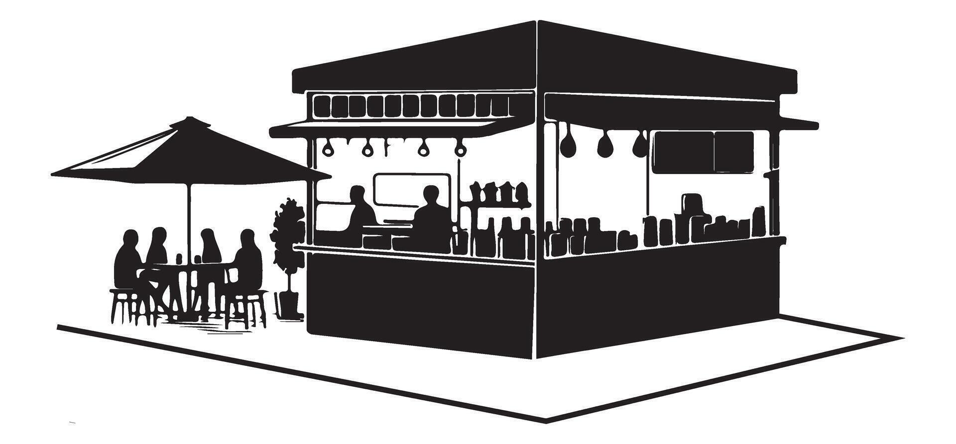 Silhouette Outdoor Cafe Scene with People and Street Vendor Kiosk vector