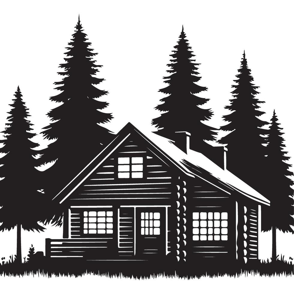 Cozy Log Cabin in the Woods Black and White Illustration vector