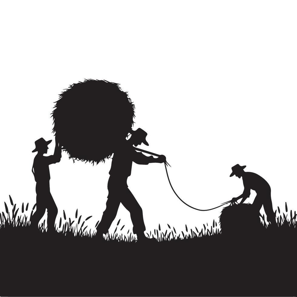 Silhouette of Farmers Harvesting Haystack Agriculture and Rural Lifestyle vector