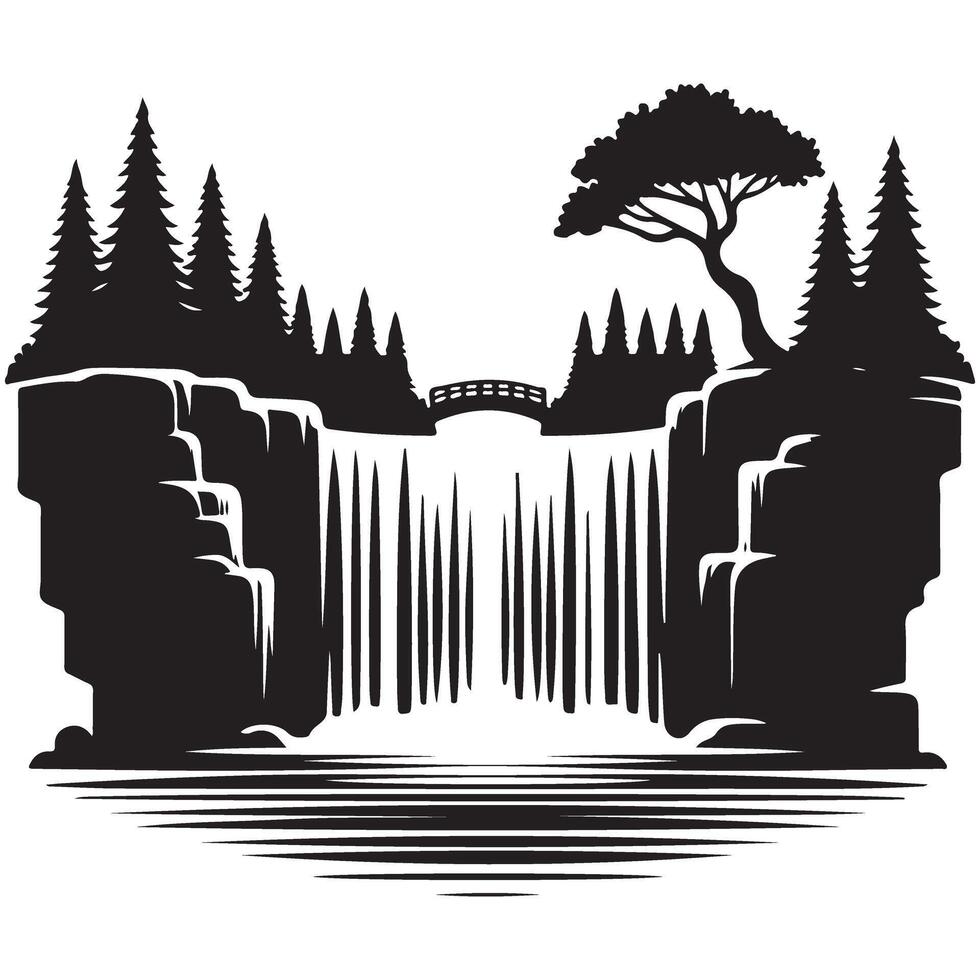 Silhouette Waterfall Landscape Art for Nature Inspired Designs vector