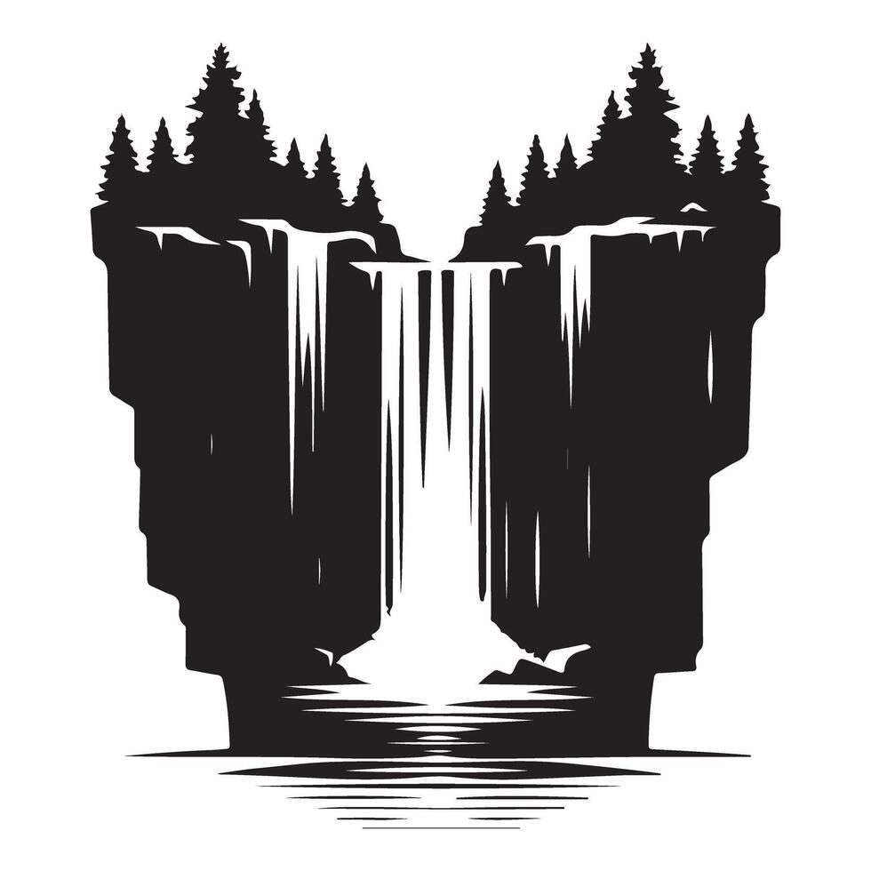 Black and White Cliffside Waterfall Silhouette with Evergreen Trees vector