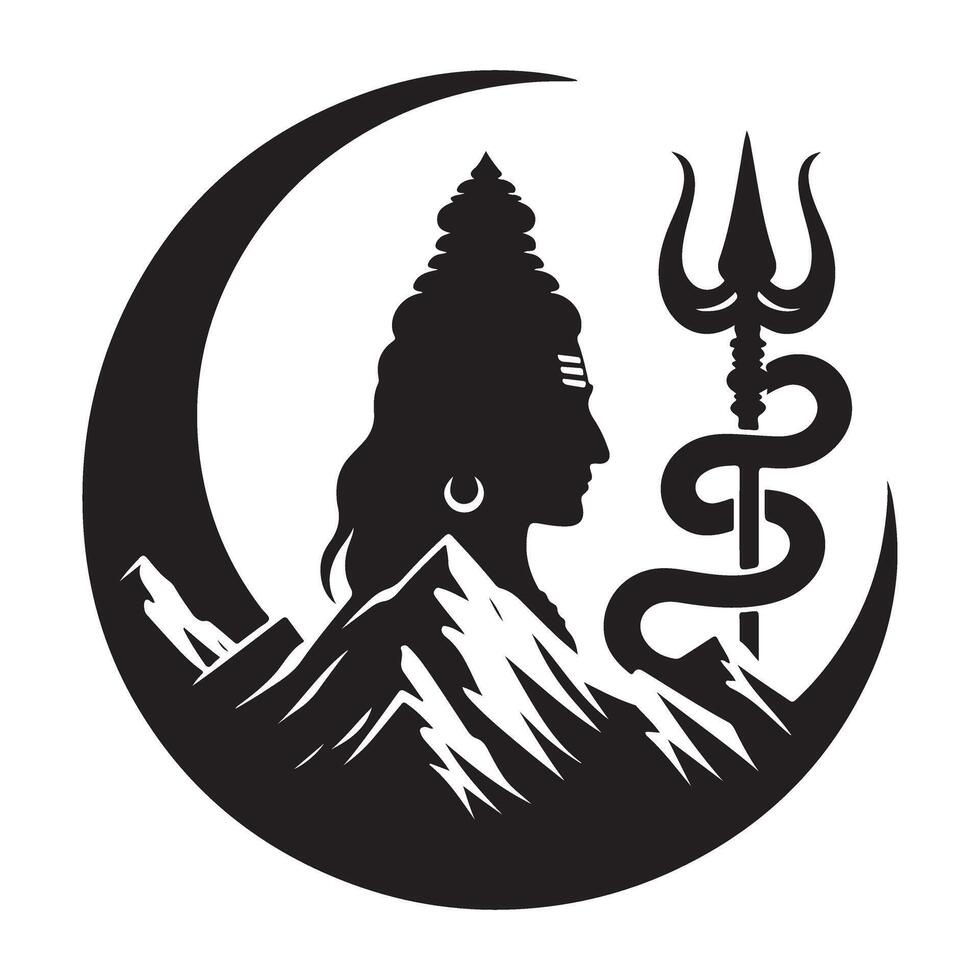 Lord Shiva Silhouette on Crescent Moon and Mountain Design vector