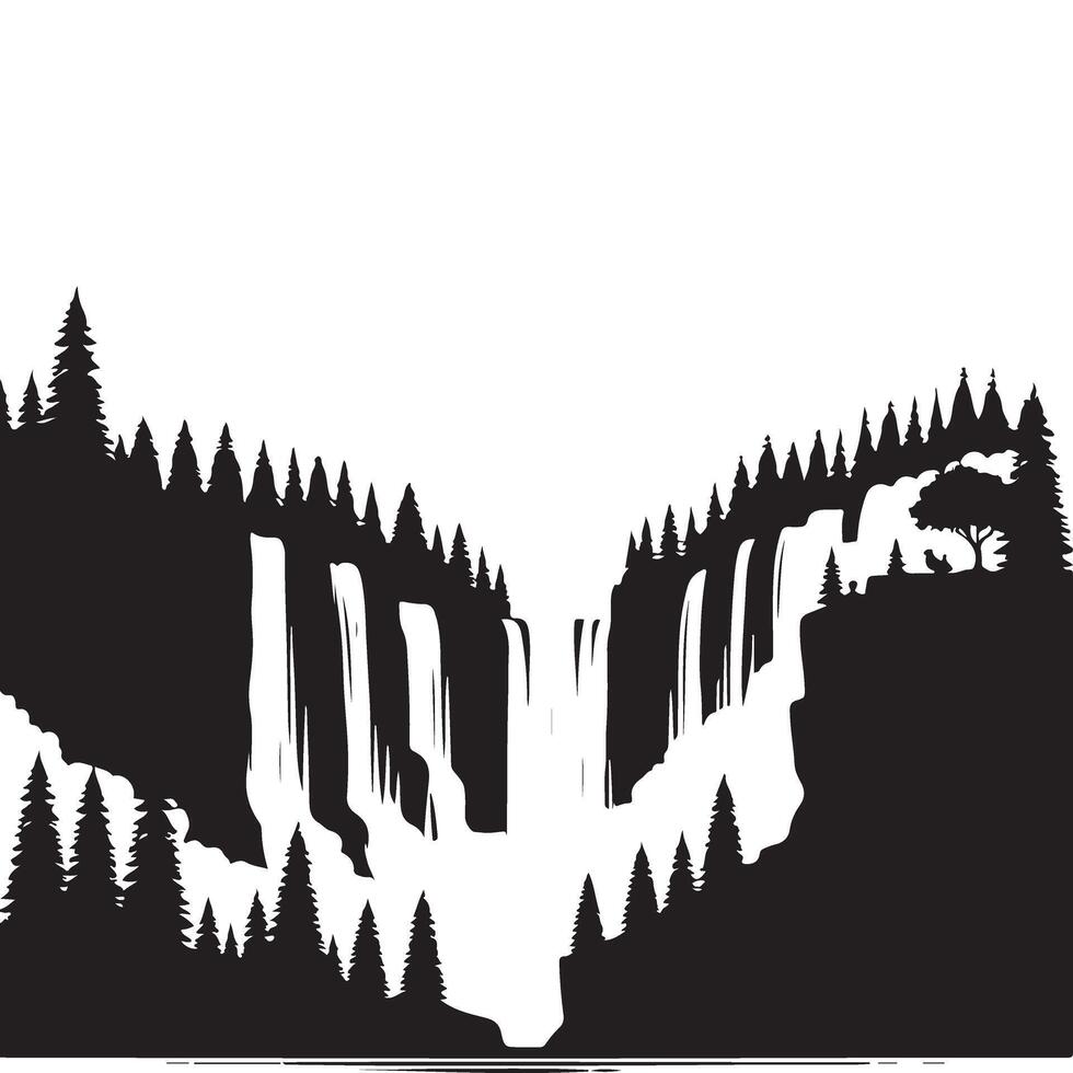 Stunning Waterfall Silhouette Art with Lush Forest Landscape vector