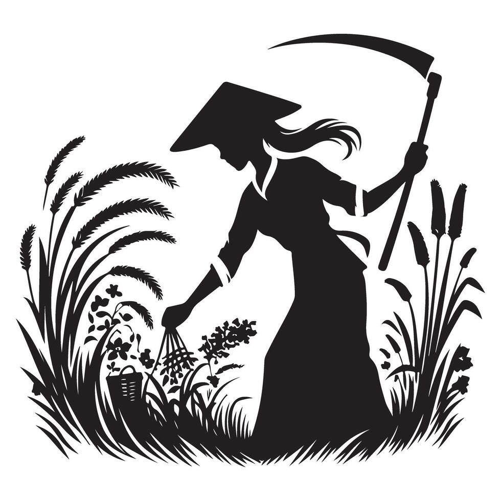 Silhouette Asian Woman Harvesting Plants with Sickle illustration vector