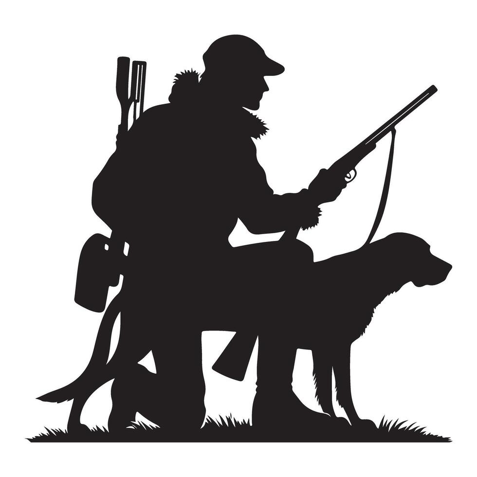 Kneeling Hunter Silhouette with Hunting Dog Prepared for the Chase vector
