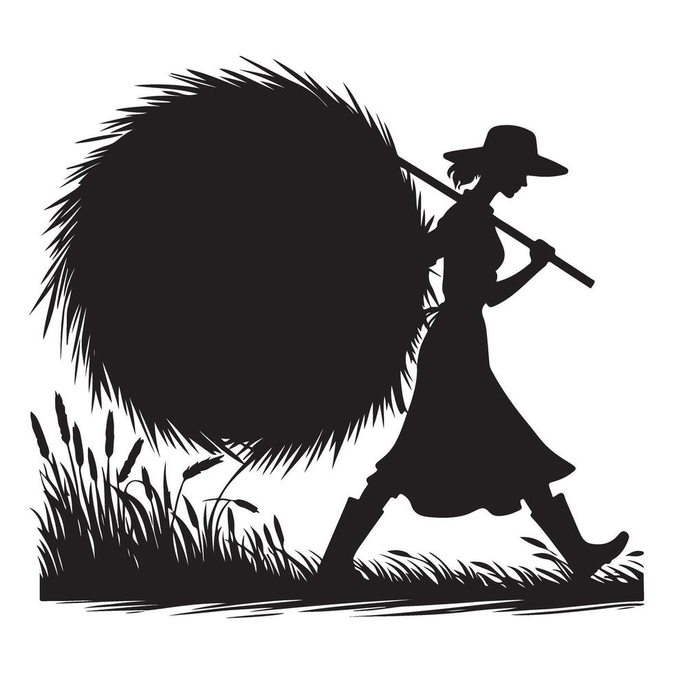 Silhouette of farmer carrying hay bale rural agriculture lifestyle illustration vector