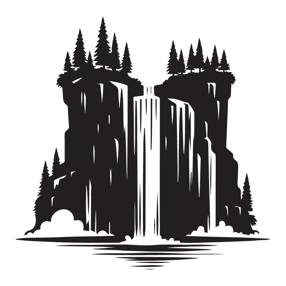 Dramatic Waterfall Silhouette Image with Rocky Cliffs and Pines vector