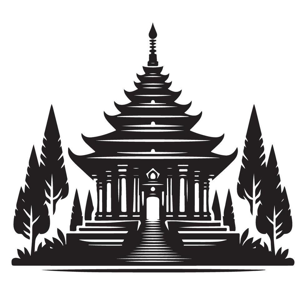 Majestic Silhouette Temple Graphic Illustration with Surrounding Trees vector