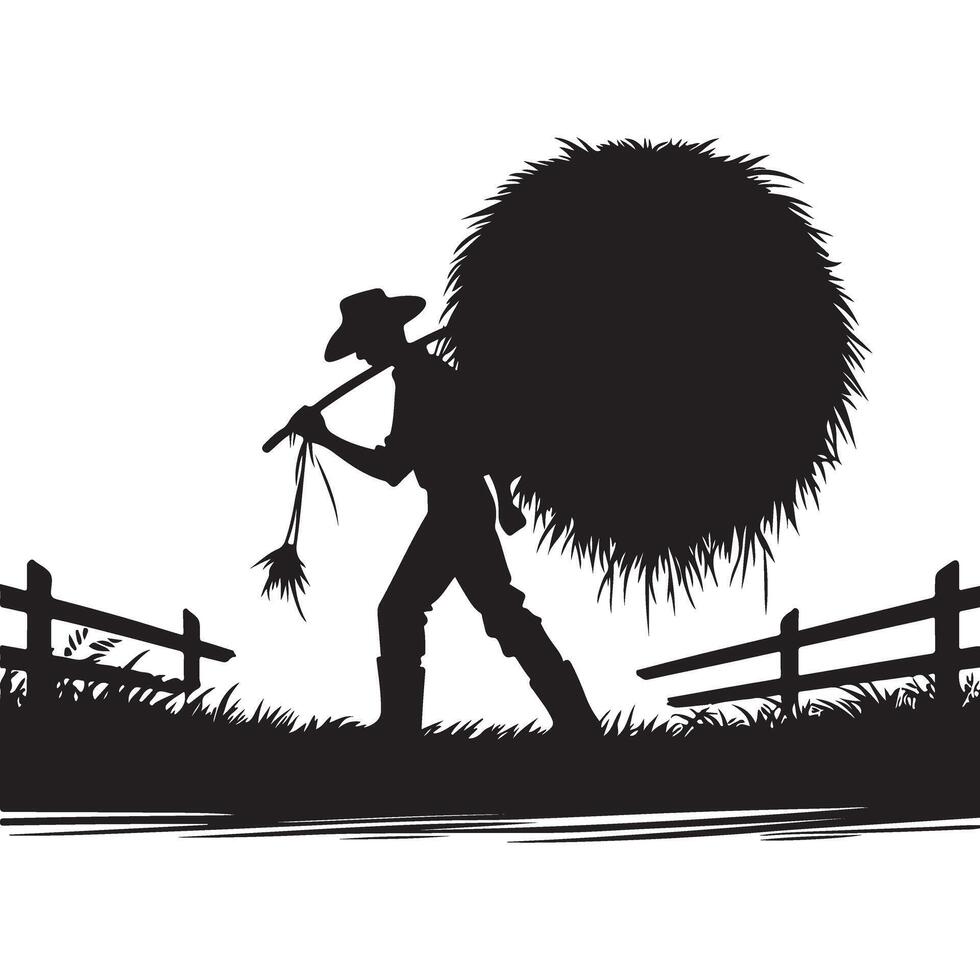 Silhouette Farmer Carrying Hay Bale Through Fence Agriculture Illustration vector